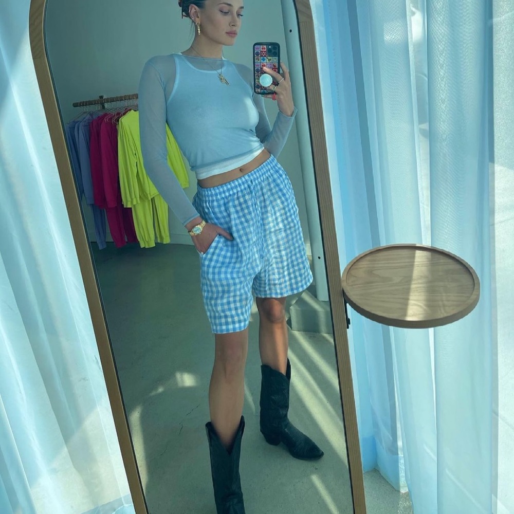 Frankie’s blue gingham shorts